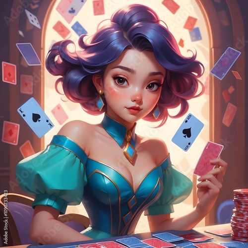 Colorful card game with a stylish character at a vibrant table in a lively gaming hall