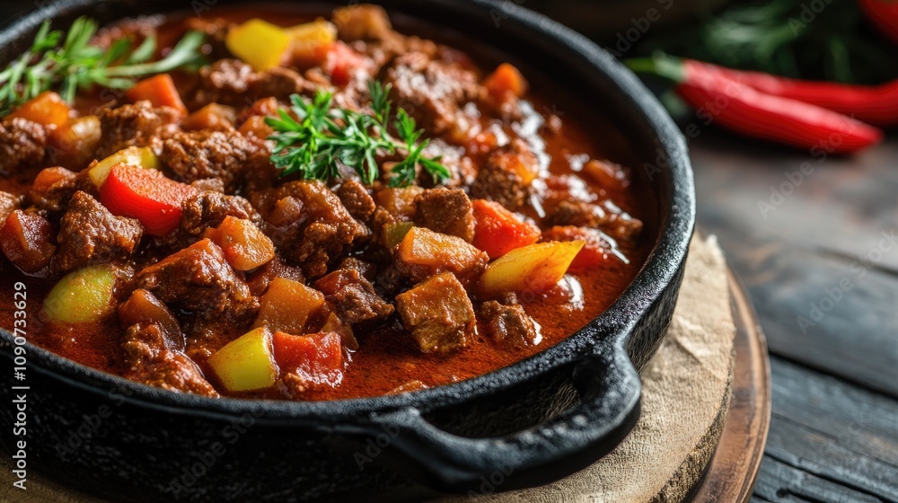 Savory goulash simmering in a black cast-iron pot, featuring tender beef, colorful peppers, and herbs, surrounded by rustic wooden textures. Savory goulash simmering in a black cast-iron pot, featuring tender beef, colorful peppers, and herbs, surrounded by rustic wooden textures.