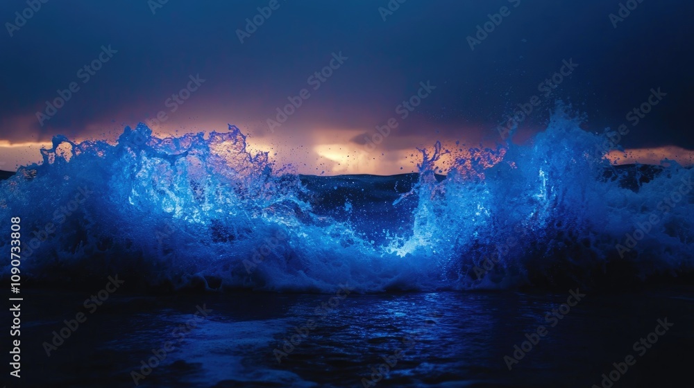Vivid blue waves illuminated against a dramatic sunset sky, crashing gently on a tranquil beach, creating a mesmerizing coastal scene. Vivid blue waves illuminated against a dramatic sunset sky, crashing gently on a tranquil beach, creating a mesmerizing coastal scene.