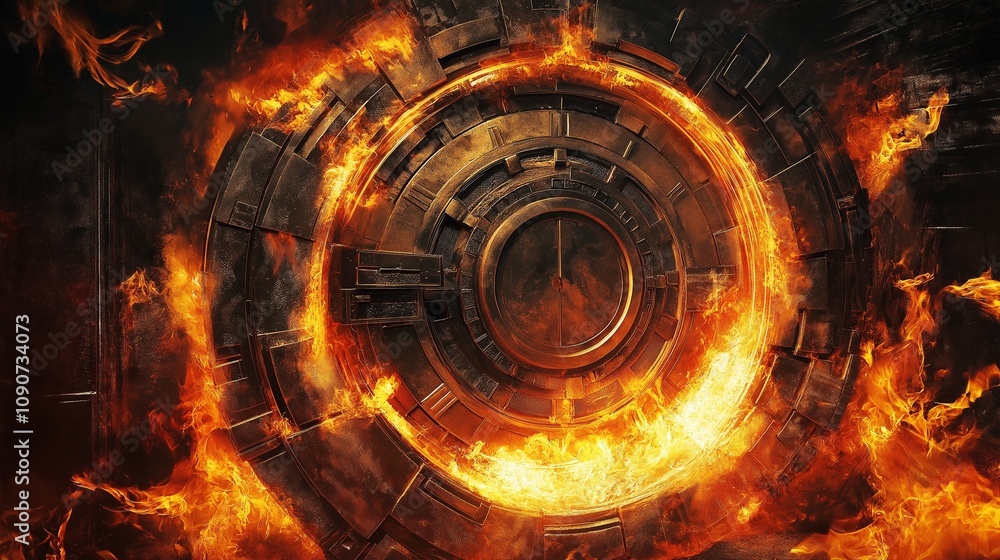 Obraz premium bank vault door surrounded by swirling flames, symbolizing the risk