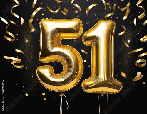 Gold birthday / anniversary balloon, number 51, black background with confetti