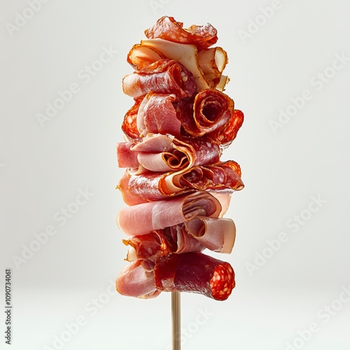 a ultraphotorealistic tower on a wooden stick made out of salami, ham, bacon and prosciutto, that is perfectly vertical on a white background, bright light, generative ai photo