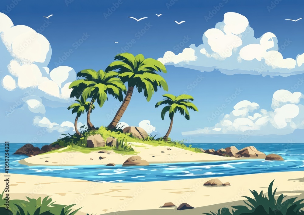 Fototapeta premium 2D cartoon illustration of an island scene