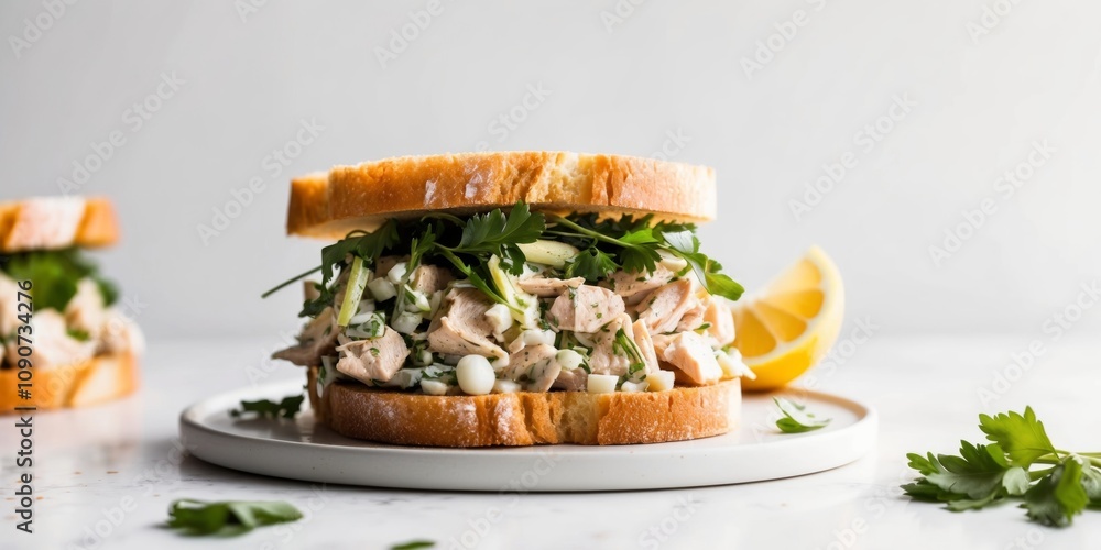 Delicious chicken salad sandwich with lemon and fresh herbs on bread. Delicious chicken salad sandwich with lemon and fresh herbs on bread.