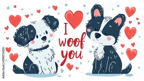 Illustration featuring a playful phrase with hearts expressing love with the wording I woof you in a valentine theme photo