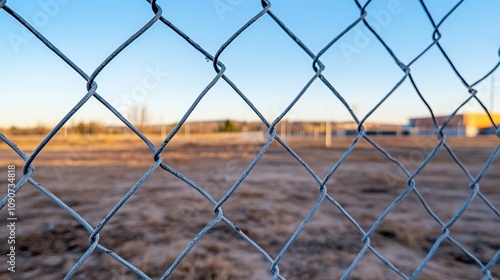 A taut chain-link fence frames the blurred expanse beyond, evoking themes of separation and distance against a sunlit horizon.