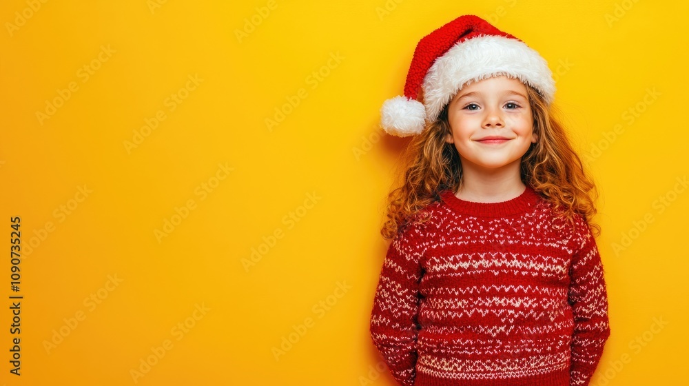 Fototapeta premium Child wearing a festive red sweater and Santa hat smiles joyfully against a bright yellow background, perfect for holiday-themed designs and greeting cards.