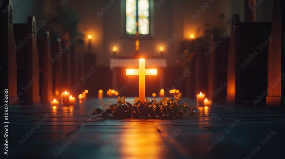 Illuminated Cross Surrounded by Candles in Serene Church Setting with Colorful Stained Glass Window and Calm Atmosphere Illuminated Cross Surrounded by Candles in Serene Church Setting with Colorful Stained Glass Window and Calm Atmosphere
