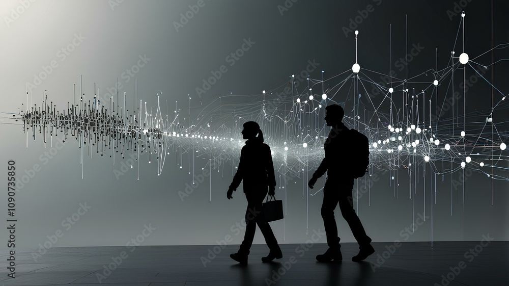 Fototapeta premium Knowledge Graph, Text Classification, Sentiment Analysis, AI Innovation concept art. Silhouette of a person walking. 