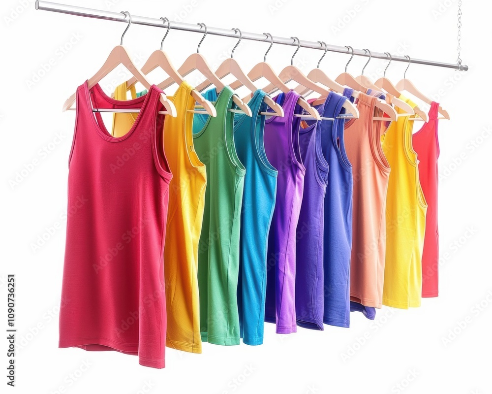 A vibrant display of colorful tank tops hanging on a rack, showcasing a spectrum from red to purple. A vibrant display of colorful tank tops hanging on a rack, showcasing a spectrum from red to purple.