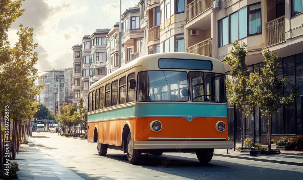 Fototapeta premium Vintage bus on city street, colorful design, modern buildings, trees lining pathway, sunny day