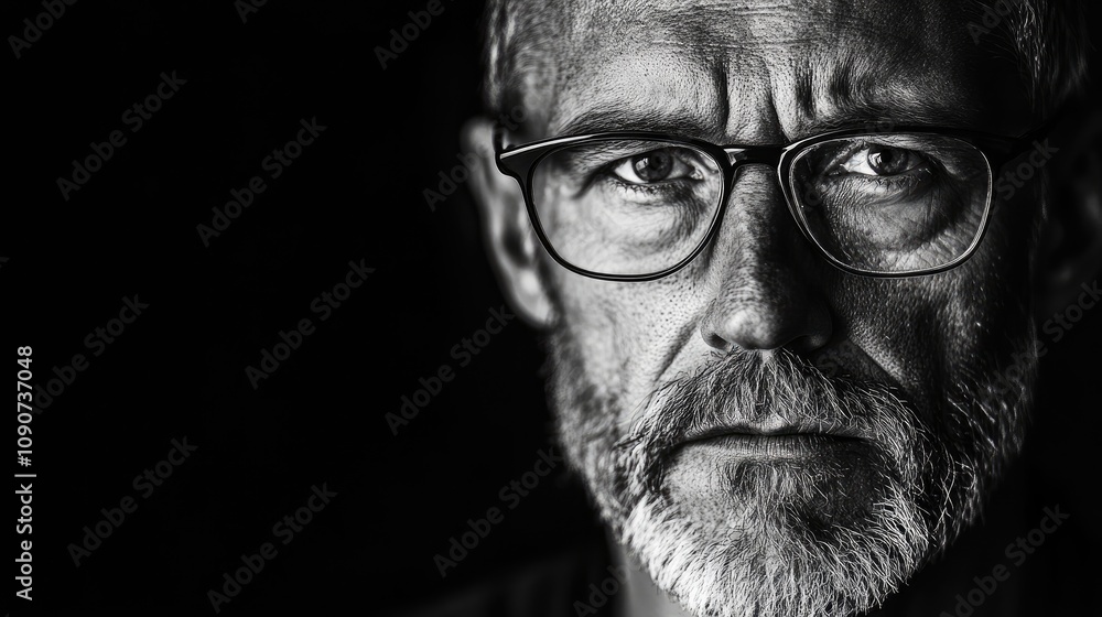 Striking black and white portrait of a middle-aged man with glasses, showcasing deep facial lines and an intense, contemplative expression. Striking black and white portrait of a middle-aged man with glasses, showcasing deep facial lines and an intense, contemplative expression.