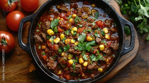 Vibrant sautÃ©ed vegan beef tantuni with fresh herbs and corn in a cast iron pot, accompanied by ripe tomatoes on a rustic wooden table. photo