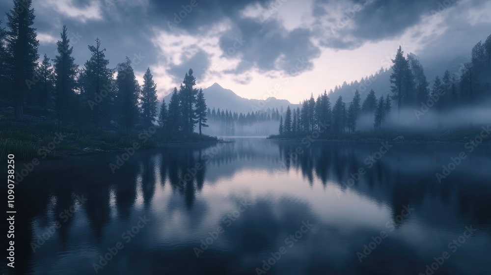 Fototapeta premium Tranquil dawn lake reflecting mist and dark forest under cloudy skies, creating a serene and picturesque natural landscape.