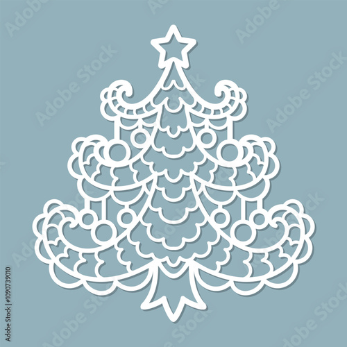 Beautiful Christmas tree. Template for laser cutting from paper, cardboard, wood, metal, etc. For the design of Christmas and New Year cards, invitations to a Christmas party, Christmas tree decoratio