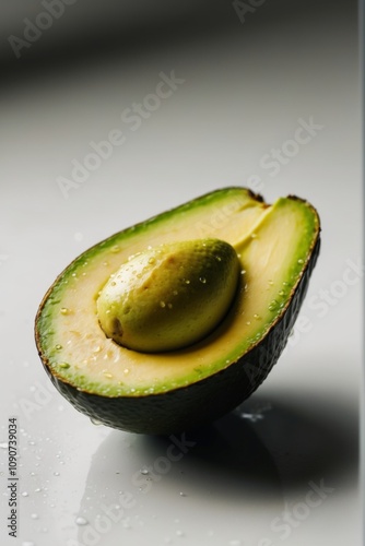 Fresh avocado half with creamy flesh and pit glistening with oil droplets. photo