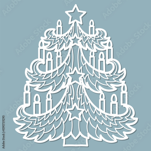 Beautiful Christmas tree. Template for laser cutting from paper, cardboard, wood, metal, etc. For the design of Christmas and New Year cards, invitations to a Christmas party, Christmas tree decoratio