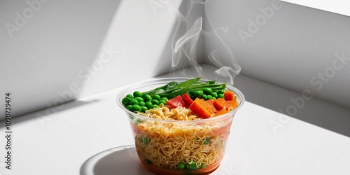 Instant Noodles with Vegetables in Plastic Cup. photo