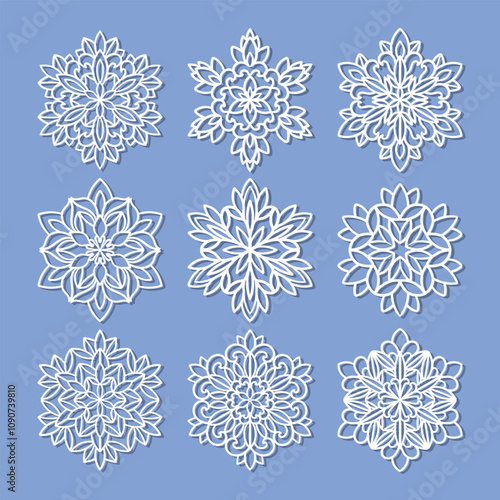 Openwork snowflakes. Set of templates for laser cutting from paper, cardboard, wood, metal. For the design of Christmas and New Year decorations, Christmas tree toys, postcards, congratulations. stick