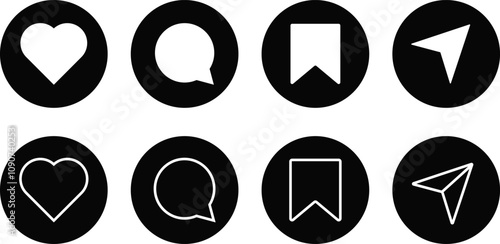 social media interface icon set. Set of social network user interface button. media like, chat, send and save symbols.
