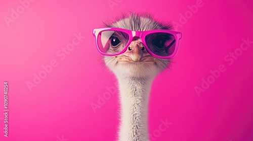 Ostrich Wearing Bright Pink Sunglasses with a Vibrant Pink Background Highlighting Its Playful Expression photo