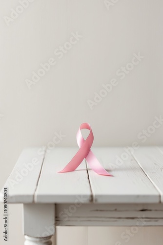 Breast Cancer Awareness Pink Ribbon on White Wooden Table. photo