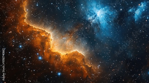 Celestial Nebula with Fiery Orange and Deep Blue Hues Illuminating Stars in a Vast Cosmic Landscape photo