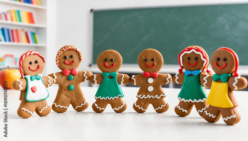 Obraz premium teacher gingerbread and gingerbread kids in a classroom on a well lit white background