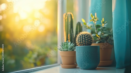 Green cactus and succulents in pots on a sunlit windowsill, creating a serene and fresh atmosphere ideal for spring or summer card designs. photo