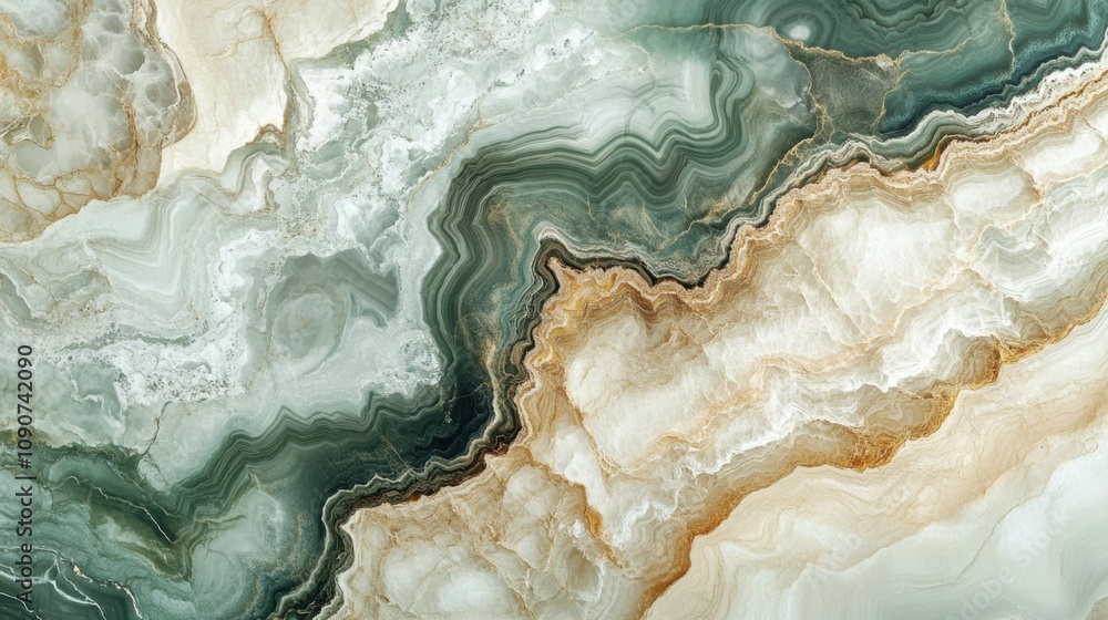 Obraz premium Abstract paint marble wall decor with layered textures and natural highlights, showcasing green and beige tones. Created with Generative AI