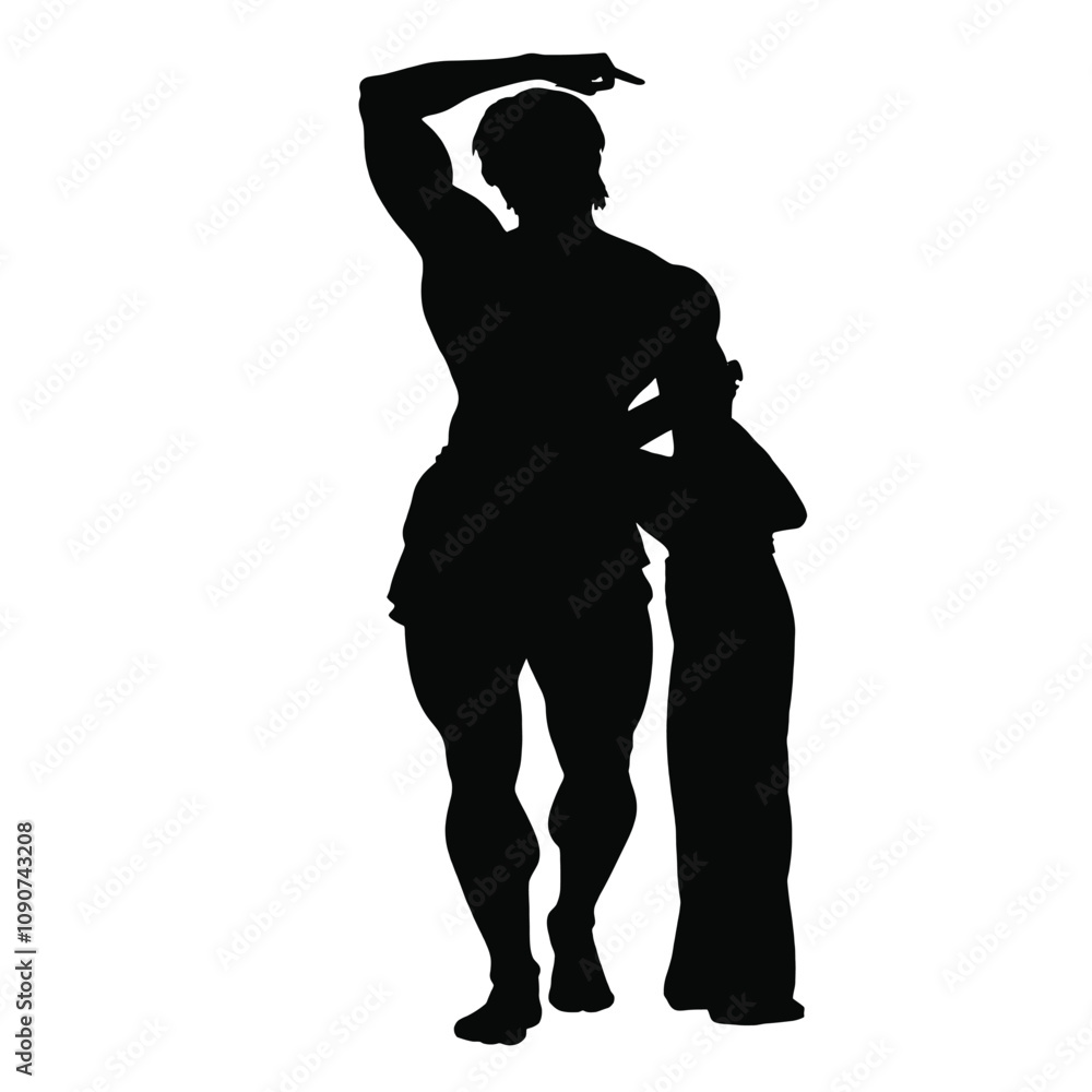 A silhouette of a muscular male and female figure in a heroic pose, A silhouette of a muscular male and female figure in a heroic pose,