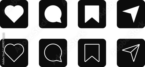 Set of Like, comment, share, save icon. Social media symbol. collection. Follow, heart, comment, share app interface
