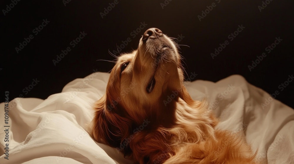 Naklejka premium Golden Retriever lying on a white cloth, gazing thoughtfully upward against a dark background, showcasing the dog's beauty and charm in a captivating portrait.