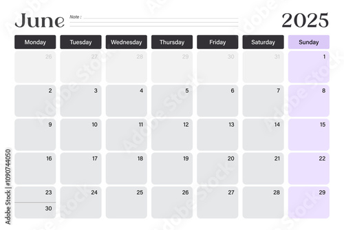 June 2025 calendar desk planner, week starts on Monday, minimal design with blank lines, vector illustration 