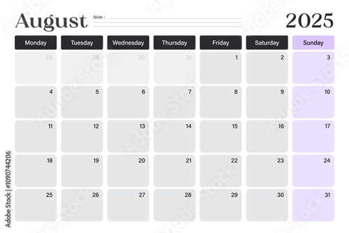 2025 calendar desk planner, week starts on Monday, minimal design with blank lines, vector illustration 