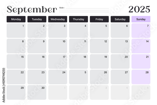 September 2025 calendar desk planner, week starts on Monday, minimal design with blank lines, vector illustration 