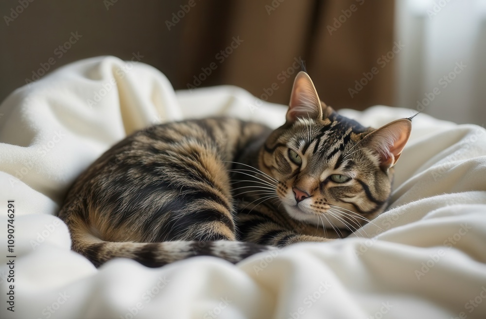 A cat is sleeping peacefully on a cozy bed, eyes closed tight