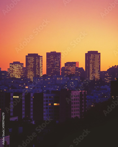 Twilight Cityscape, Captivating Reflections on Modern Skyscrapers photo