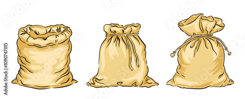 Set hand drawn burlap sacks vector illustration on white background