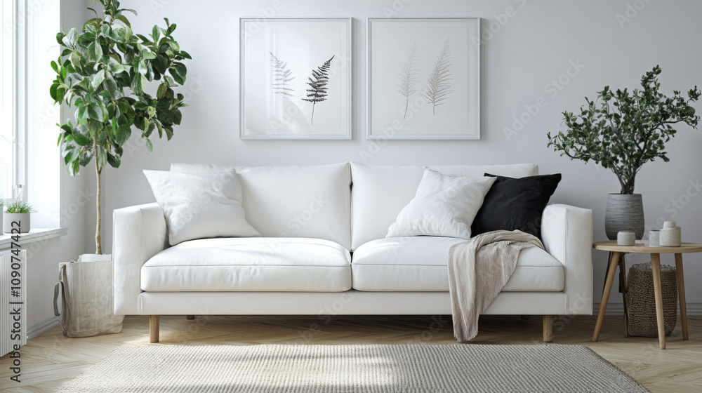 Fototapeta premium Scandinavian design living room with white sofa 