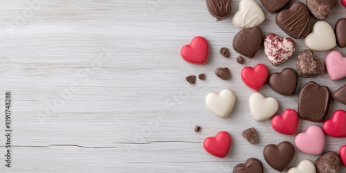 A white background with a bunch of chocolate hearts scattered around it. The chocolate hearts come in different colors and sizes, creating a visually appealing and festive atmosphere