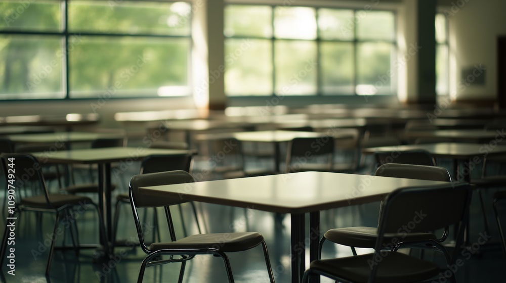 Fototapeta premium Empty school cafeteria tables during off-peak hours, a serene moment of reflection on the passage of time and the transient nature of youth.