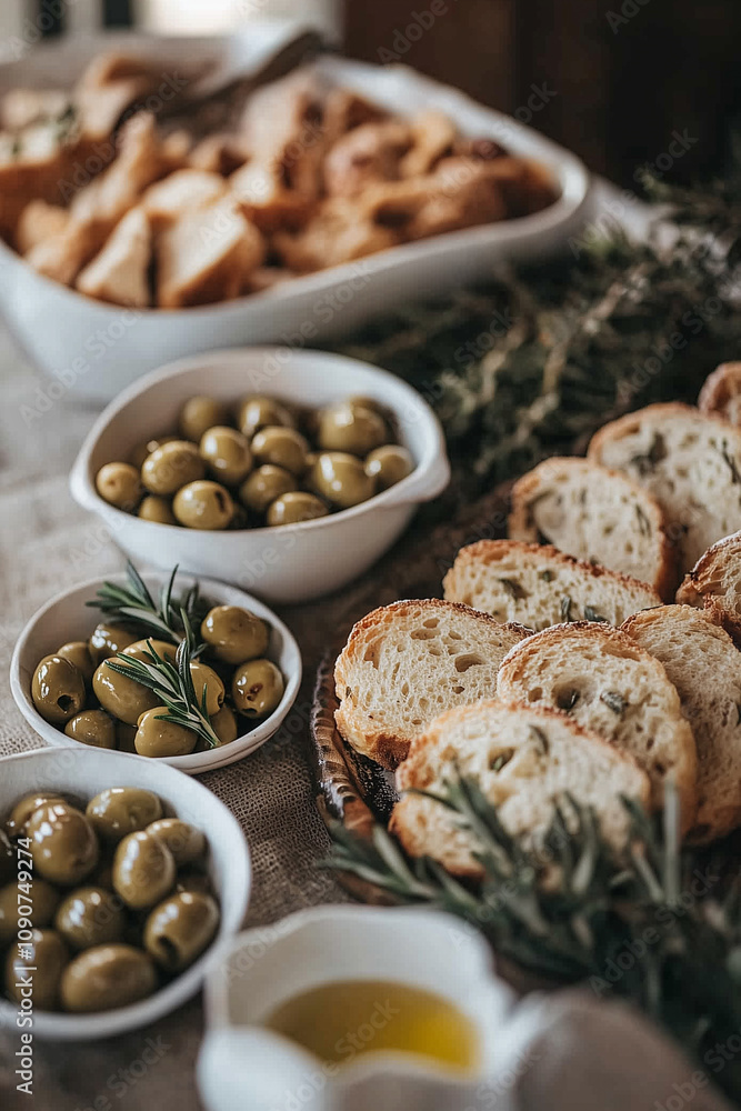Fototapeta premium Freshly Baked Olive Bread with Rosemary and Olive Oil