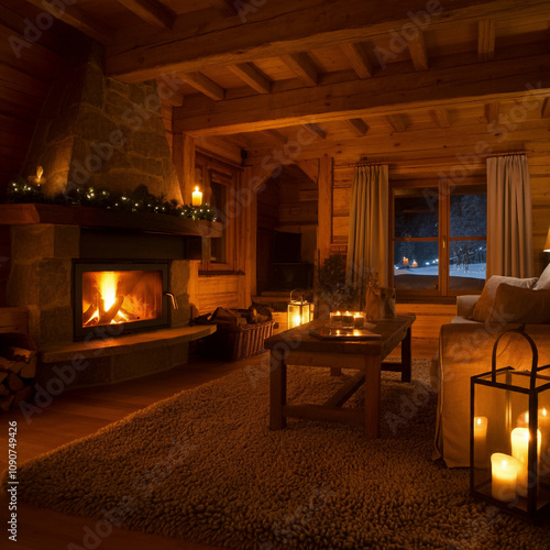 Wallpaper Mural interior of a modern cottage living room with a fireplace decorated for christmas vast space room inside of a wooden cabin in winter Torontodigital.ca