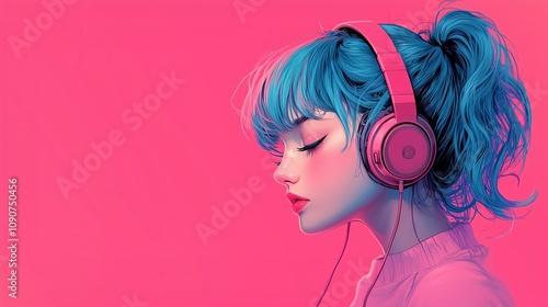 Beautiful anime girl with headphones on, listening to music. lofi aesthetic anime photo