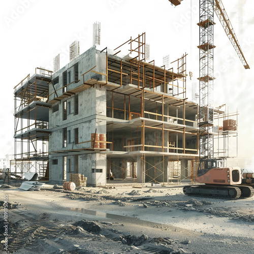 3D rendering of a construction site with a building under construction, on transparent background