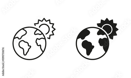 Global Warming Concept. Globe and Sun Line and Silhouette Icon Set. Environmental Eco Solar Energy Symbol. Editable Stroke. Isolated Vector Illustration