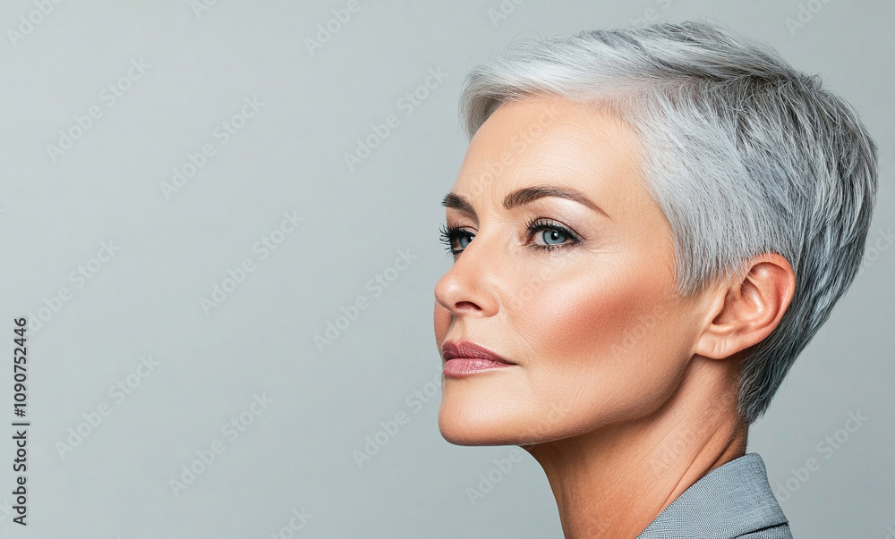 Obraz premium Stylish portrait of a mature woman with short silver hair in professional attire showcasing confidence and grace