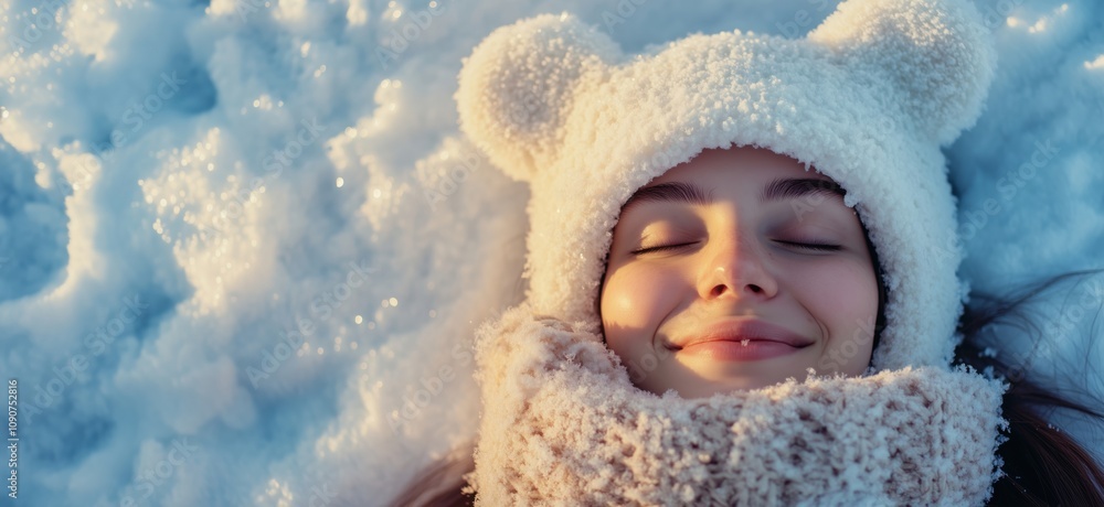 Smiling girl in winter snow, wearing fluffy hat and scarf, enjoying serene moment, snowflakes glistening around Smiling girl in winter snow, wearing fluffy hat and scarf, enjoying serene moment, snowflakes glistening around