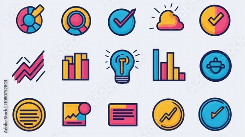 Colorful and Creative Icons Representing Business Concepts, Analytics, Growth Strategies, and Data Visualization in a Modern Style for Use in Digital Projects and Presentations
